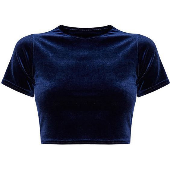 a navy blue velvet crop top with short sleeves. the top is a casual, comfortable style that is perfect for a night out, a date, or just everyday wear. it is made of a soft, luxurious velvet fabric that is sure to turn heads.