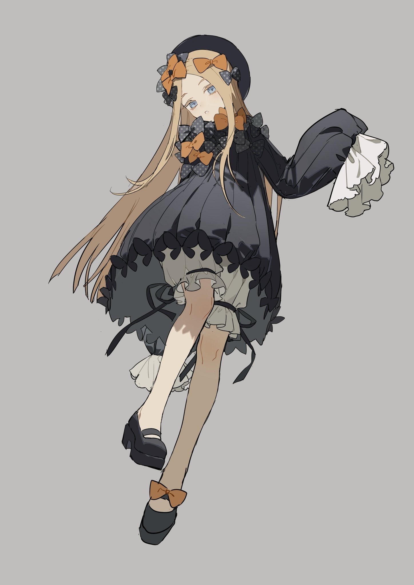 an anime girl with long blonde hair and blue eyes wearing a black dress with bows and frills is floating on a grey background. she is wearing a hat with bows, mary jane shoes, stockings, and white ruffles. she is holding a white ruffled cloth in her right hand.