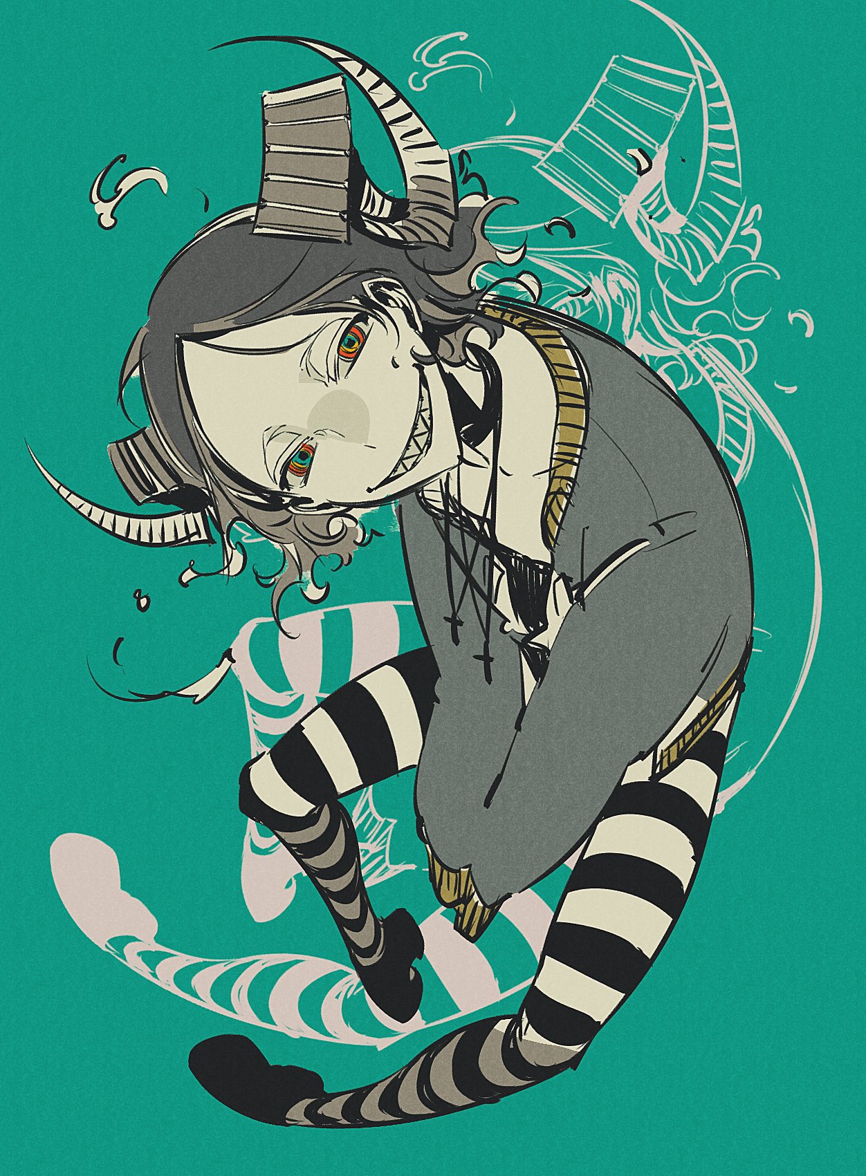 the image is a stylized animestyle illustration of a character with demon horns, dark hair, and striped stockings.  they are crouching, with a mischievous and slightly creepy smile on their face. the background is a teal color with swirling, abstract designs. the art style is graphic and expressive, using bold lines and contrasting colors.  the overall tone is dark fantasy or something from a graphic novel or comic.
