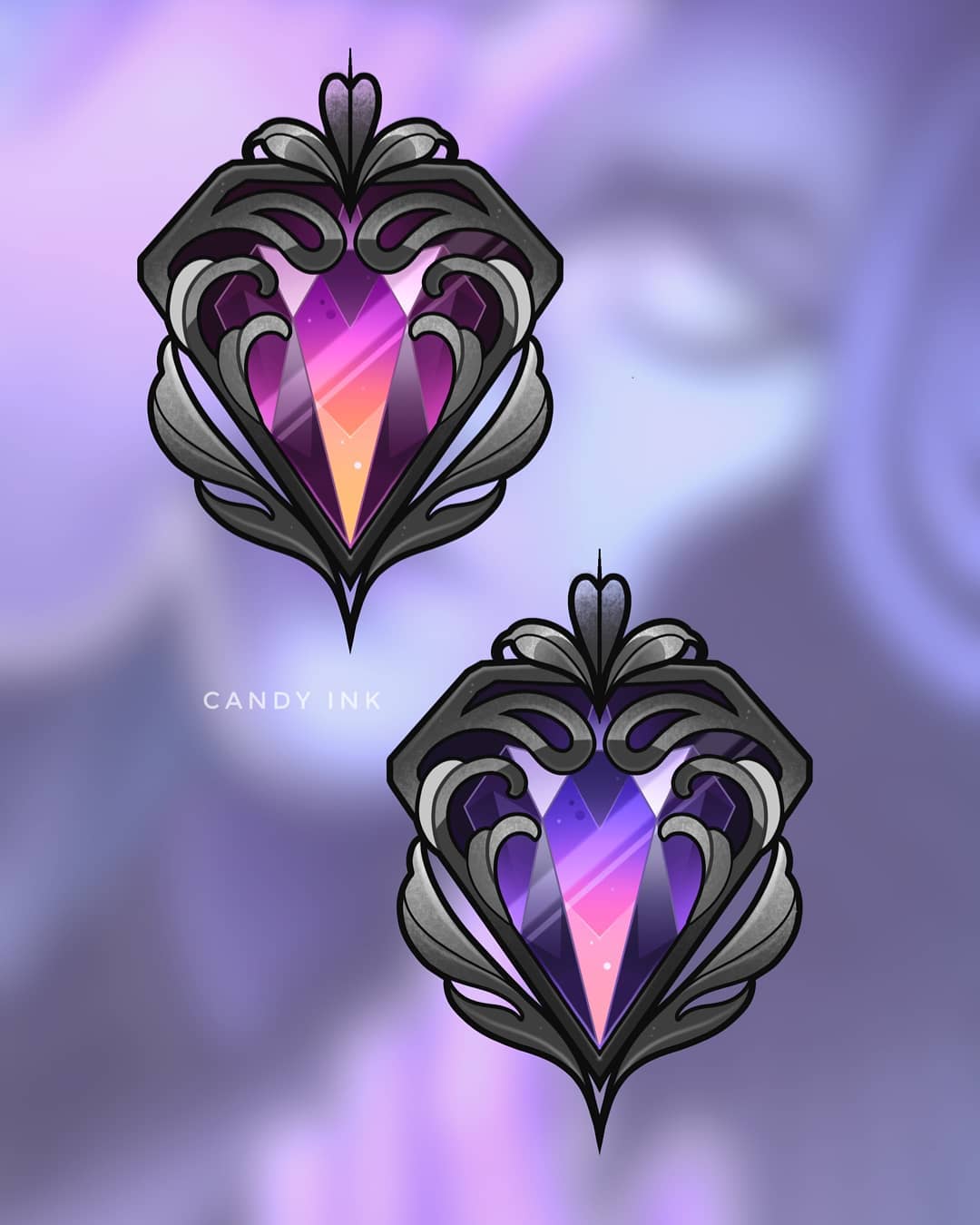 the image shows two variations of a digitally drawn jeweled pendant design. the pendant has a central purple gemstone with pink and yellow highlights, set in an ornate silver frame with swirling, leaflike details. the frame is symmetrical and tapers to a point at the bottom.  the only difference between the two versions is the vibrancy of the colors used in the gemstone.  the background is a soft purple and blue gradient.