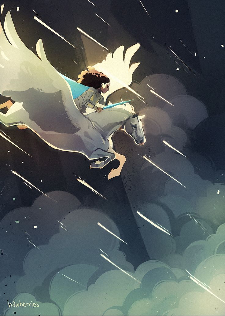 a digital artwork depicts a girl riding a pegasus through a cloudy night sky with falling stars. the pegasus is gray with large white wings, and the girl has dark hair and is wearing a cape. the background is a dark blue with stylized clouds and bright streaks representing falling stars.