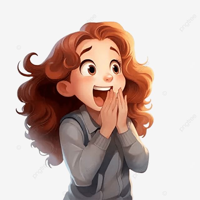 the image is a digital illustration of a cute girl with long, curly brown hair. she's depicted from the waist up and has a very surprised and delighted expression; her mouth is wide open, eyes are large, and her hands are clasped to her face. she is wearing a grey sweater or jumper. the art style is reminiscent of cartoons or anime, with smooth lines and soft shading. the background is transparent, making it suitable for use as a sticker or element in other designs. the overall mood of the image is cheerful and positive.