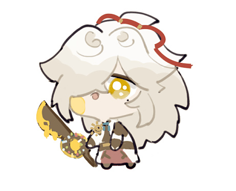 a chibi anime cartoon character, albedo from genshin impact, holding a donutshaped sword and smiling. he has white hair, yellow eyes, and wears a red headband.