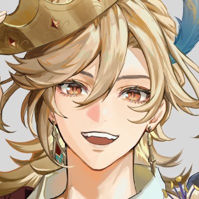 a closeup drawing of a young, blondehaired anime male character. he is smiling with his teeth showing and his eyes are open. his hair is long and flowing, and he is wearing a white shirt with a blue collar. he is wearing a crown on his head and earrings and a necklace. he is shown against a gray background.