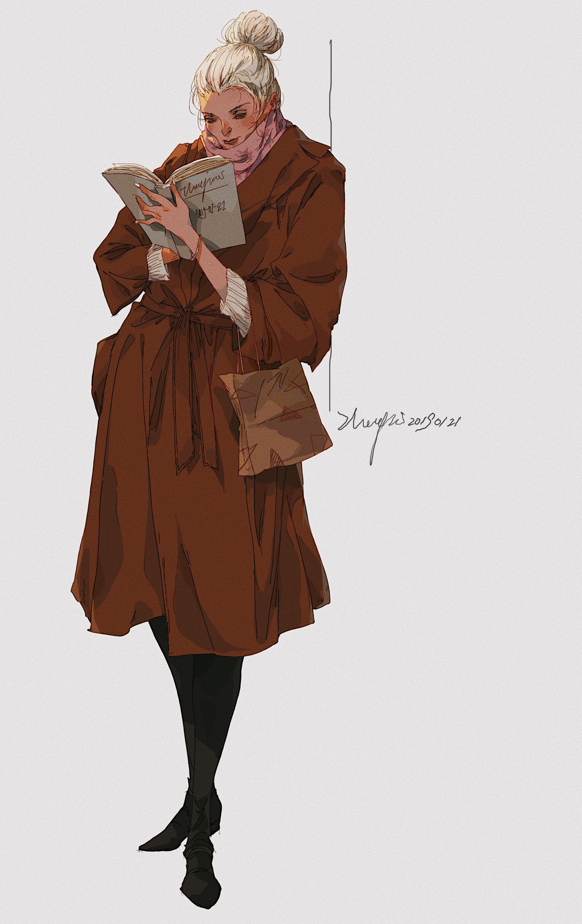 a drawing of a young woman standing on a street corner, she is wearing a brown coat, scarf, and boots and is reading a book. she has blonde hair and a stylish look.