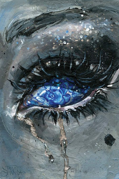 the image is a closeup painting of a crying eye. the style is expressive and abstract, with textured brushstrokes and a mix of colors.  the eye is rendered with significant detail, showing long dark lashes and a blue iris decorated with a pattern resembling roses.  tears are depicted as silver and grey streaks flowing down the cheek.  the overall palette is moody, consisting of greys, blues, blacks, and hints of silver and white glitter.  the artist's signature is visible in the bottom left corner.  the painting conveys a strong sense of emotion and sadness.