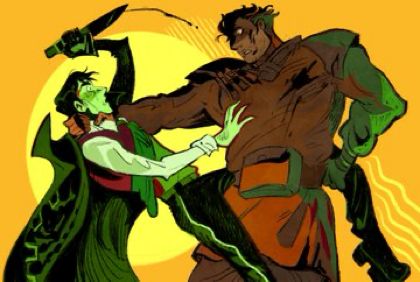 the image is a vibrant, stylized comic book illustration depicting a dynamic action scene. two male characters are locked in a fierce struggle.  one character, predominantly green, is dressed in a long, dark green cloak and appears to be wielding a knife, while the other, primarily brown and orange, wears a more rugged, armoredlike outfit.  the background is a simple, solid yelloworange, emphasizing the characters and their intense confrontation. the art style is bold and expressive, utilizing strong lines and contrasting colors to convey movement and emotion. the overall scene suggests a moment of high tension and physical conflict, possibly from a superhero or fantasy comic book.