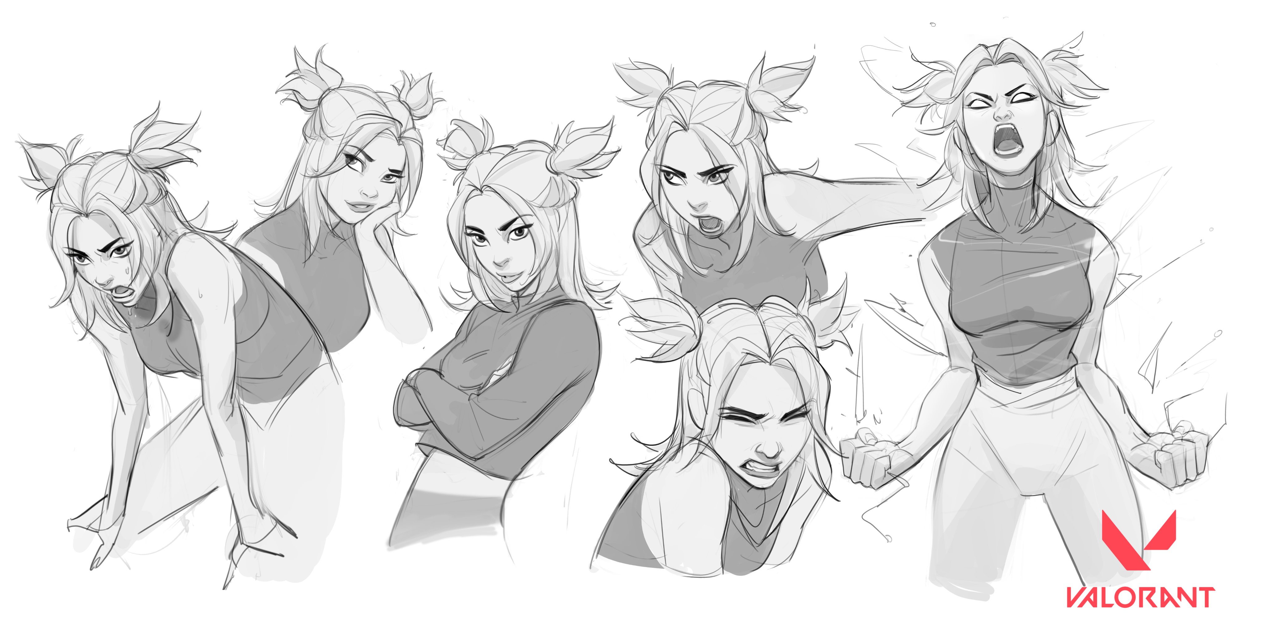 this image showcases a series of dynamic sketches of a female character, likely for a video game.  the style is loose and expressive, focusing on conveying a range of intense emotions, primarily anger and frustration.  the character is consistently depicted with her hair in two buns atop her head and is shown in various action poses.  the grayscale palette emphasizes the linework and the artist's focus on form and movement. the valorant logo is subtly placed in the bottom right corner. the overall feel suggests a character in the midst of a tense or challenging moment.