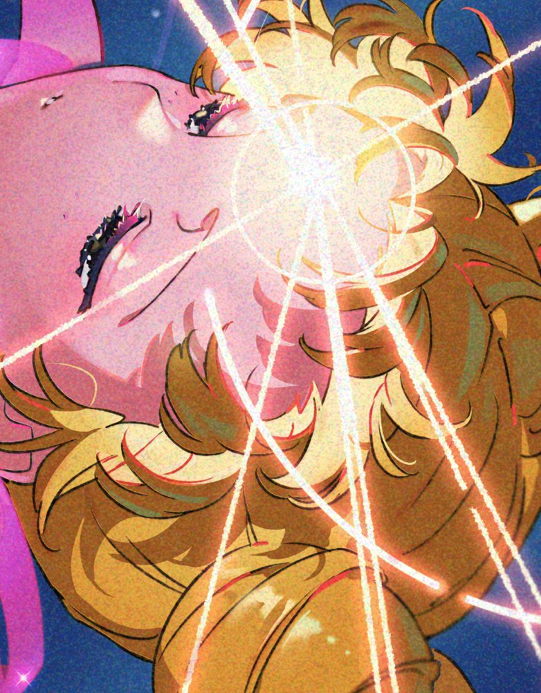 the image depicts a closeup of a blonde woman with her head tilted back, eyes closed, and mouth slightly open. bright, sparkly beams of light emanate from her forehead against a deep blue background.  the style suggests a transformation or powerup scene from a magical girl anime or manga, possibly sailor moon.