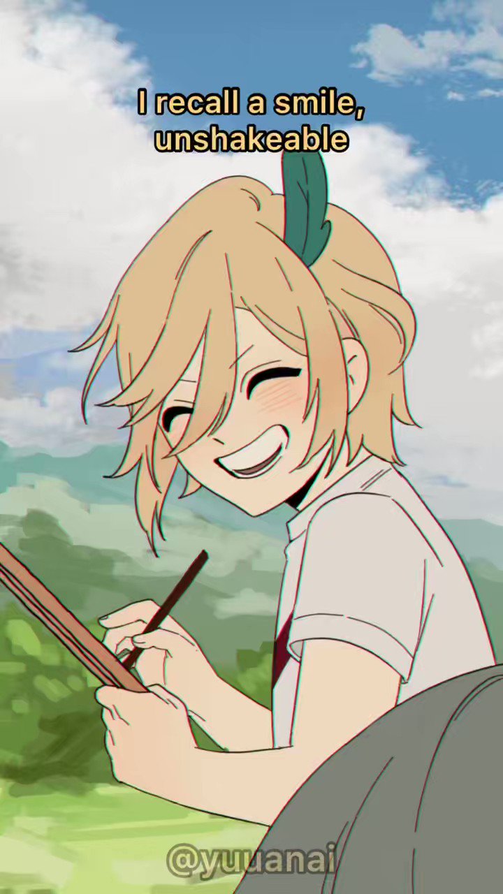 a cartoon girl with blonde hair is drawing in a field. she is smiling and has a happy expression on her face. the text "i recall a smile, unshakeable" is superimposed over the image, suggesting that the girl's smile is particularly memorable. the scene is set in a sunny outdoor setting with clouds in the sky and green grass. the girl is wearing a white shirt with a red design. the drawing is taking place in a setting that is both natural and serene, which further emphasizes the sense of peace and joy associated with the girl's smile. the image is created in a cartoon style, with vibrant colors and expressive lines that bring the character and her emotions to life.