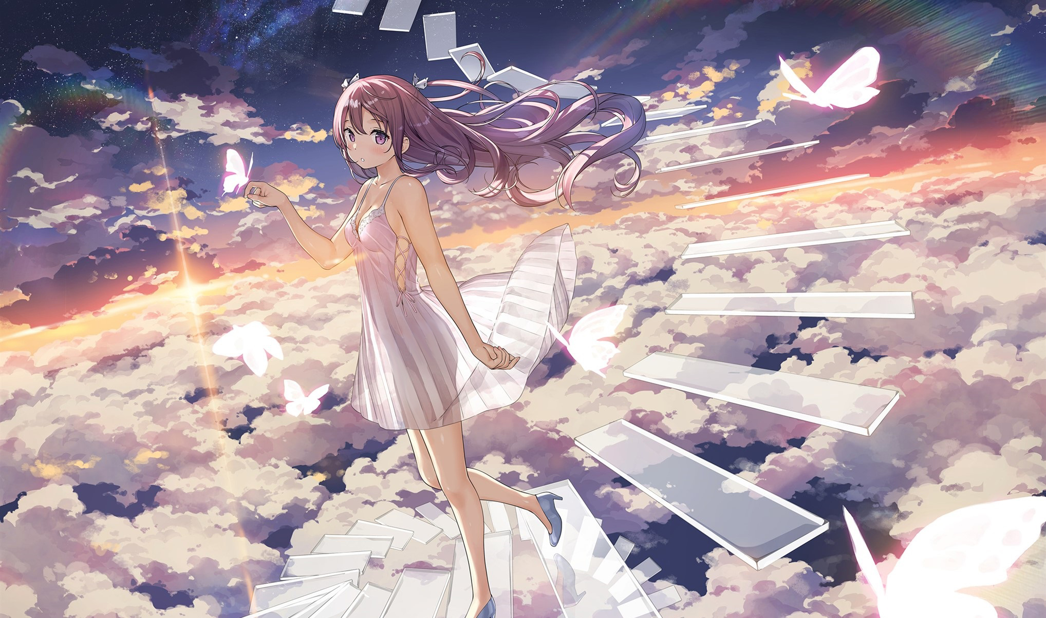 the image is a digital artwork depicting an anime girl with long purple hair wearing a white dress. she is floating in the sky amidst fluffy clouds and a sunset. there are transparent stairs spiraling around her, and numerous butterflies flutter around her. the overall mood is dreamy, magical, and ethereal. the art style is soft and painterly, with a focus on light and color.