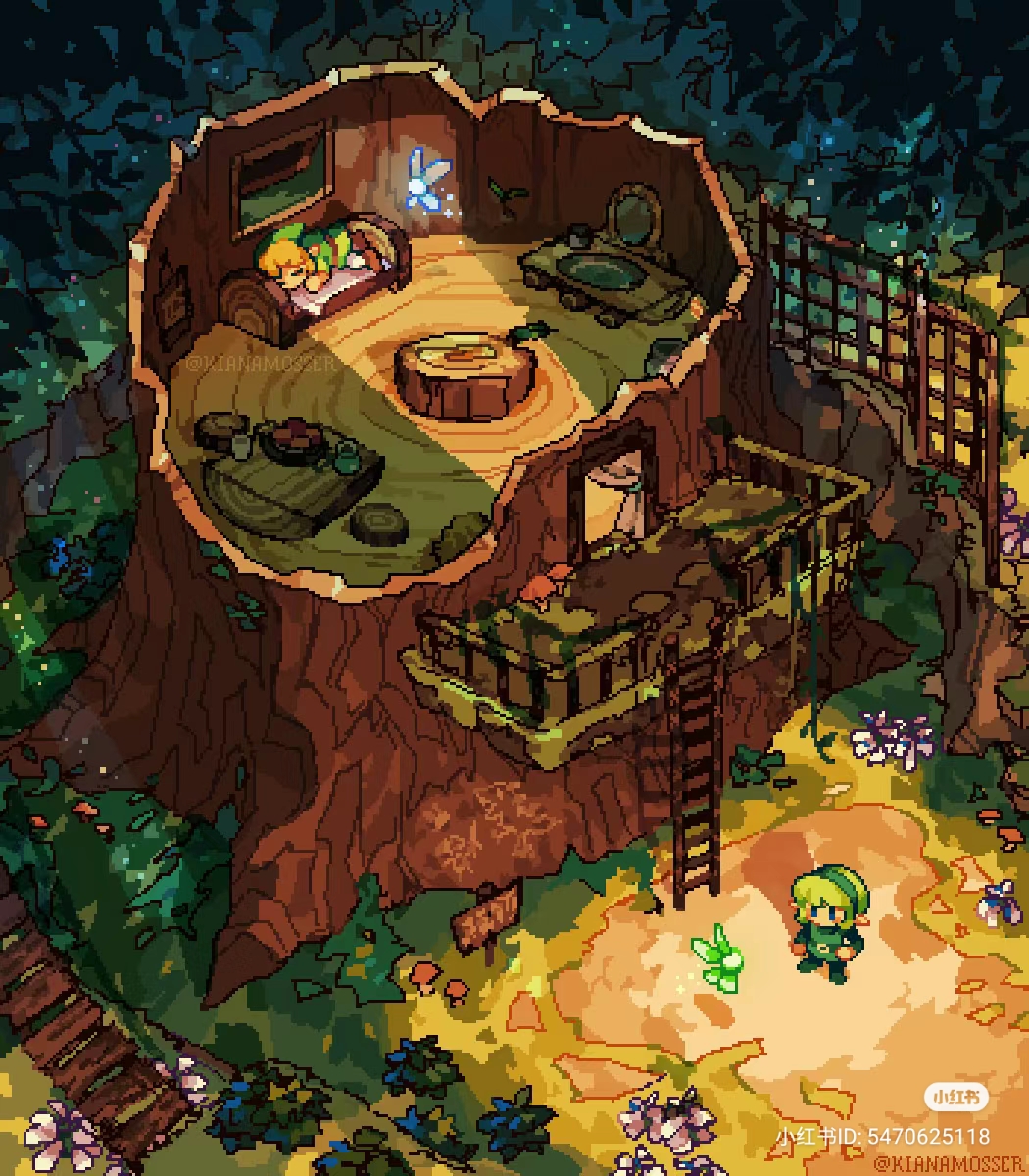 the image shows a pixel art depiction of link's house from the legend of zelda: ocarina of time.  the house is built inside of a large tree stump and is warmly lit from within. link is a small figure standing outside of the house, which is surrounded by a lush forest environment.  the perspective is from above, giving a clear view of the house's interior.
