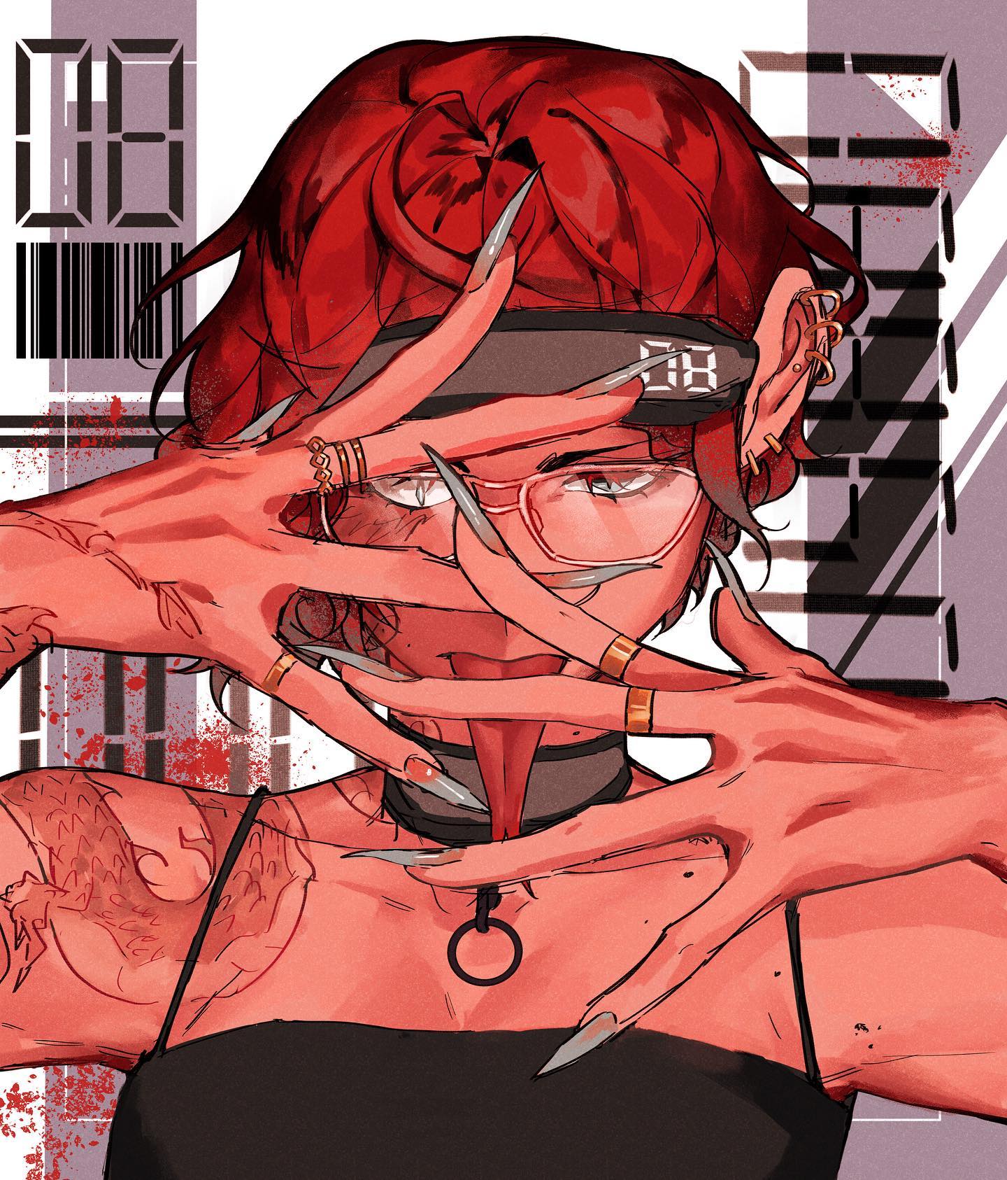 a closeup illustration of a stylized anime girl with long red hair, long sharp nails, glasses, multiple piercings, and tattoos. she's wearing a black choker, a headband with a digital display, and a black top. her hands are in front of her face, partially obscuring her features. the background features a grungestyle design with barcodes and digital elements. the overall style is edgy and fashionable.