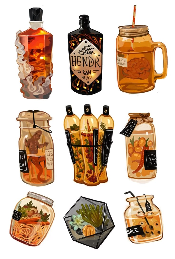 the image shows a collection of nine assorted bottles and jars. there's a liquor bottle with a sunset inside and a gin bottle labeled "hendr." other jars contain "brain juice," a lizard and snake, seasoning bottles, "vegetables," "pasta," a terrarium, and a jar of "eyeballs."