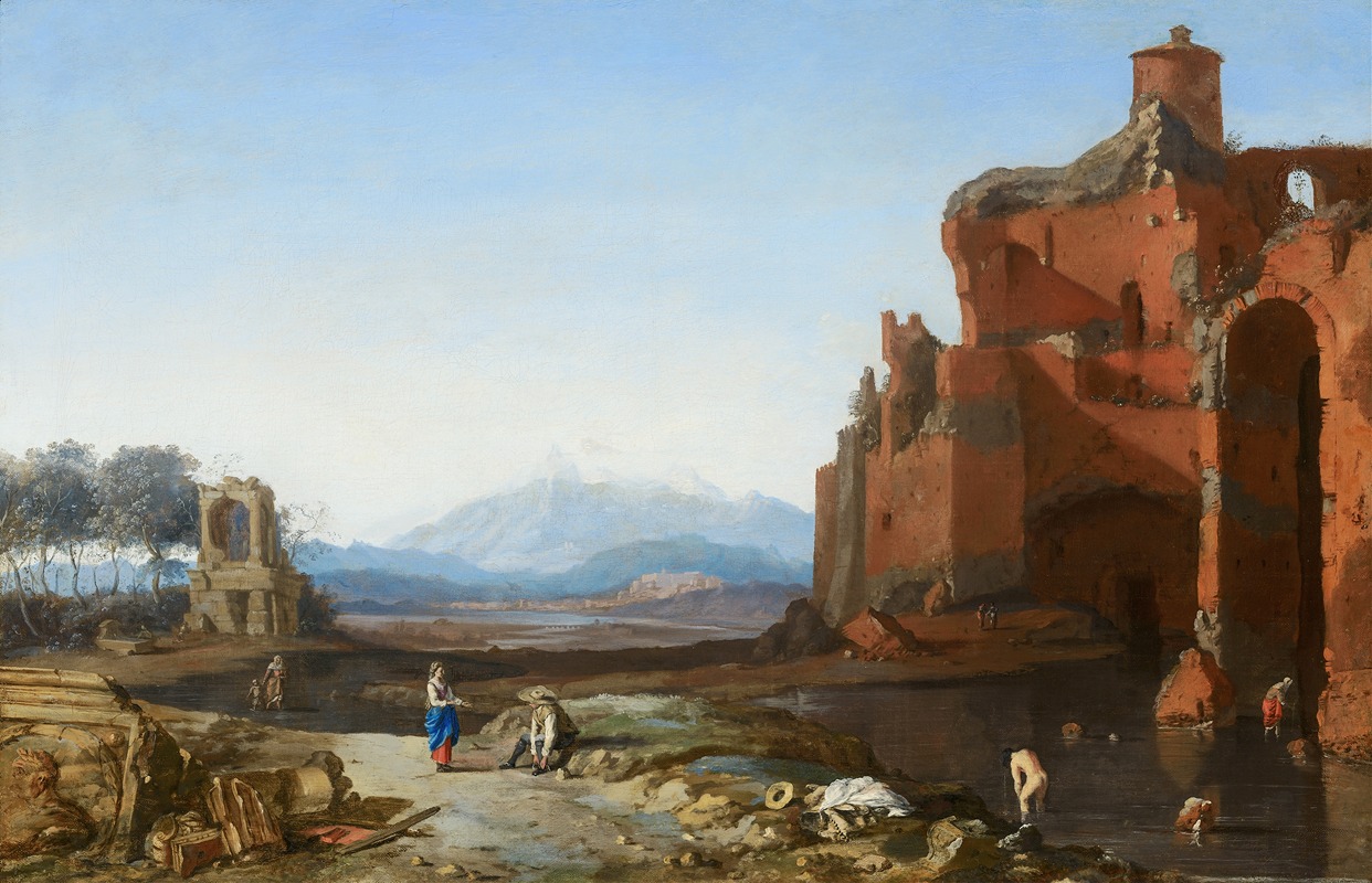 the image is a painting depicting a landscape with classical ruins and figures. in the foreground, there's a body of water with people bathing. on the land nearby, there are figures standing or sitting near the ruins. to the right, there is a large structure in ruins with an archway. in the background, there are mountains and a blue sky. there are also trees and additional classical ruins in the landscape, further from the main building. the painting has a classical, somewhat romantic style with an emphasis on ruins and the natural landscape.