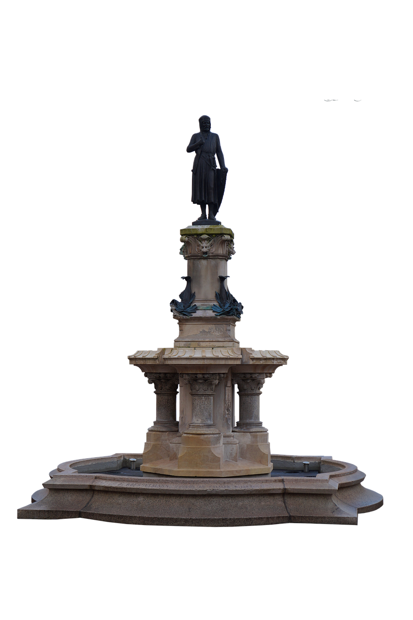 the image shows a large, multitiered stone fountain with a statue of a man holding a shield on top, set against a black background. the fountain has a classical architectural style with columns and decorative elements.