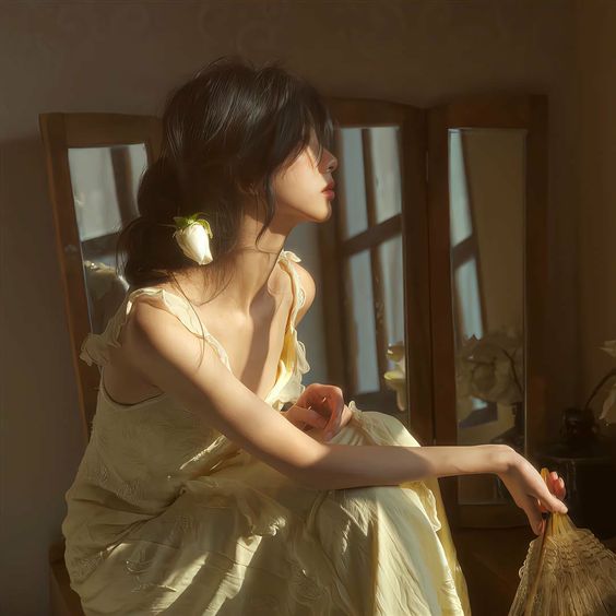 young woman in a flowing yellow dress sits gracefully before a trifold mirror. she is bathed in soft, warm sunlight streaming through a nearby window, creating a dreamy and nostalgic atmosphere. a white rose is tucked behind her ear, adding a touch of elegance to her look. her profile is accentuated as she gazes towards the light, creating a sense of serenity and introspection. the warm color palette and the vintage aesthetic of the scene evoke a timeless beauty and evoke a sense of quiet contemplation.