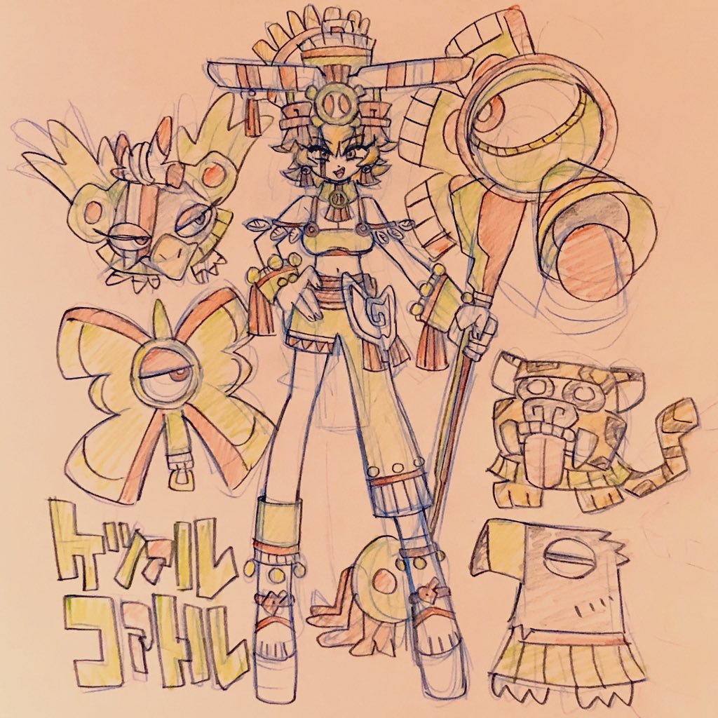 the image is a vibrant character design sketch, seemingly inspired by aztec mythology. a female warrior, adorned with elaborate headdresses and jewelry, stands confidently in the center. surrounding her are stylized depictions of creatures like a jaguar, eagle, butterfly, and frog, potentially representing spirit guides or aspects of her power.  the overall aesthetic leans towards a playful, cartoonish style while incorporating cultural motifs. the text at the bottom, written in japanese, could translate to a name or title, further hinting at the character's story.