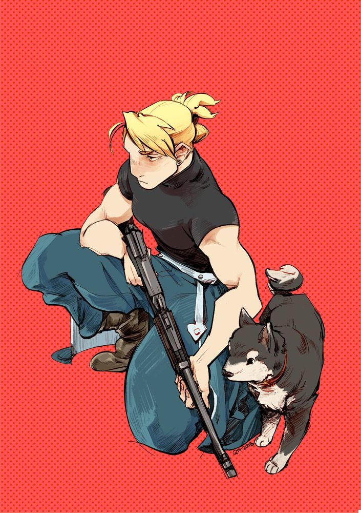 the image is of an anime character with blond hair, a black shirt, blue pants, and a gun. the character is sitting with his legs crossed and holding a gun in his right hand. he's looking down at the gun.  the background is red with white dots. a black and white dog is sitting next to him.