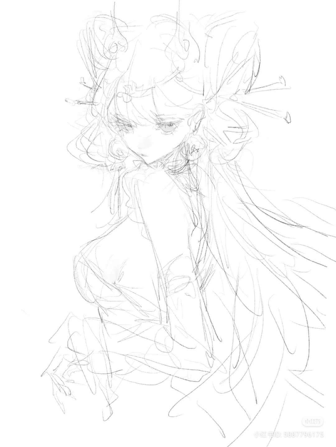 this is a black and white sketch,  that appears to be a young woman with long hair and horns. she is wearing an ornate headdress. the style of the drawing leans toward anime or manga.