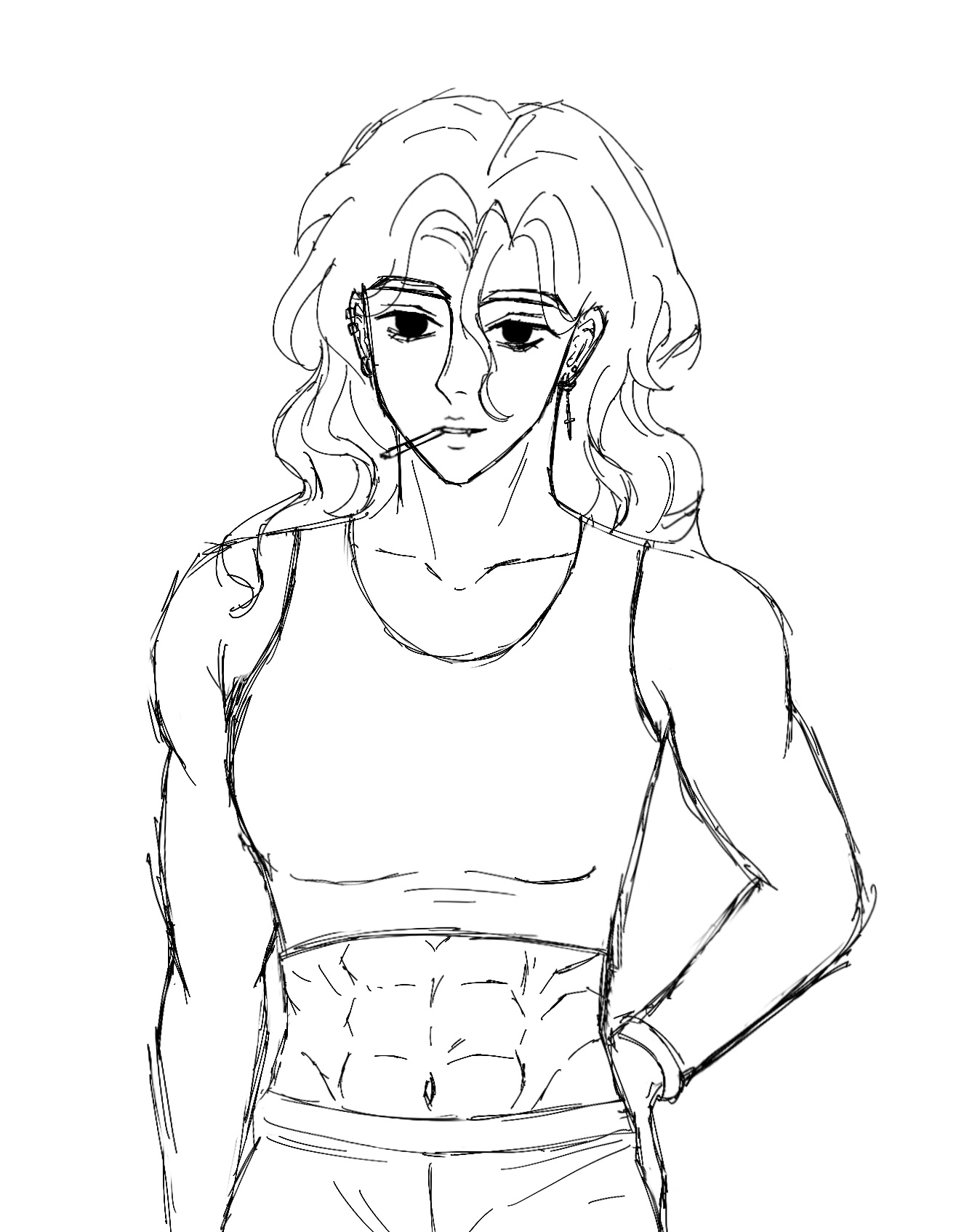 an animestyle sketch of a muscular person with long hair, wearing a tank top and with visible abs, has a toothpick in their mouth.