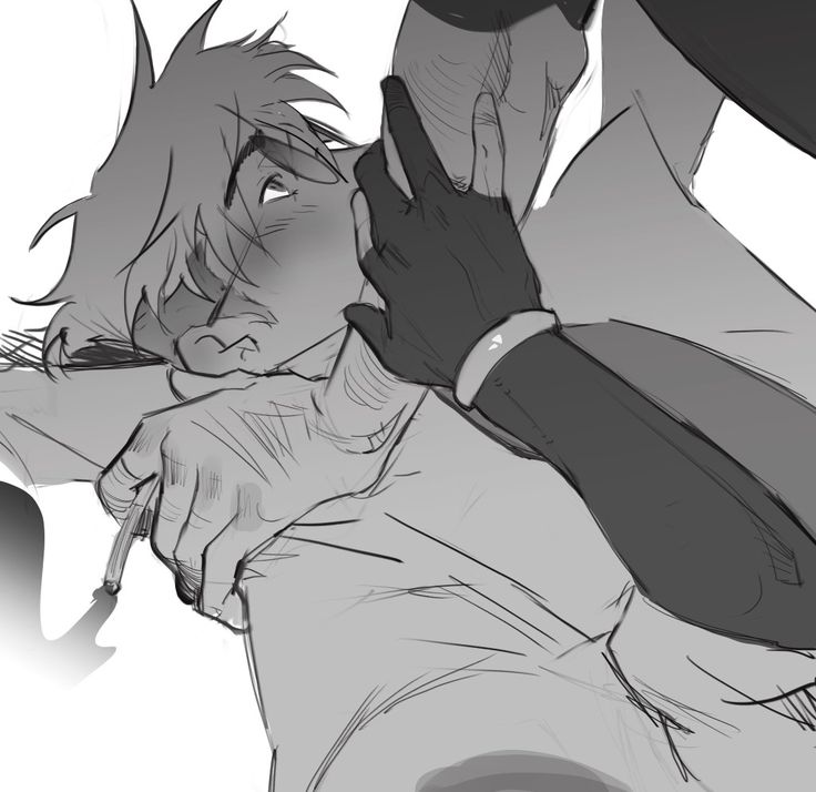 a sketch of a young man being choked by another person. the young man has a terrified expression on his face. his arm is outstretched and his hand is grasping at the person's