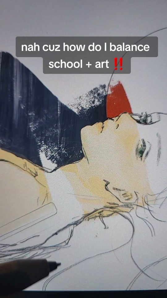 he image shows a digital drawing in progress on a tablet.  the artist is using a stylus.  the drawing appears to be a stylized portrait of a person, possibly a young woman, with a relaxed, almost melancholic expression.  the art style is a mix of abstract and realistic elements.  over the drawing is text that reads, "nah cuz how do i balance school + art!!", which suggests a reflection on the challenges of balancing academic studies and artistic pursuits.  the background features a combination of dark and light colors, seemingly part of the artwork itself. the overall mood is introspective and contemplative.