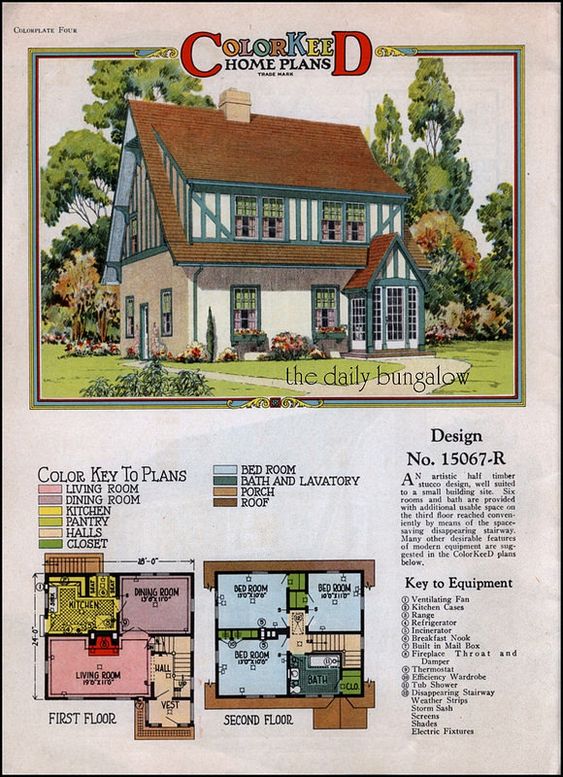 a vintage advertisement for a "colorkeeled" bungalow home design. the advertisement features a colorful illustration of the bungalow, along with floor plans for the first and second floors. the ad highlights features such as a living room, dining room, kitchen, bedrooms, bathroom, and porch. the colorcoded plans make it easy to visualize the layout and flow of the home. this type of advertisement would have appealed to families seeking a comfortable and stylish home in the 1920s.
