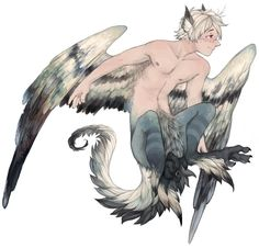 the image is of a fantasy creature, a male harpy. he has blond hair, wings, a tail, feathers, and claws. he is shown in a side profile.
