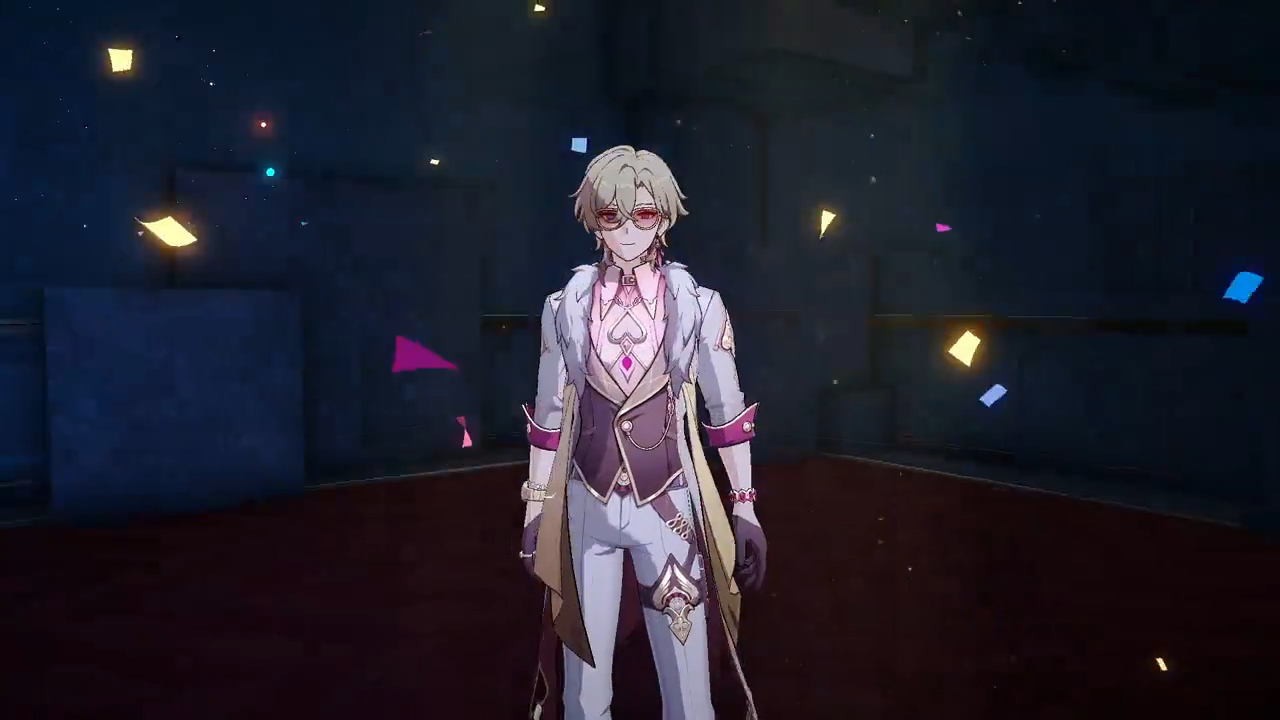 a male character with blonde hair and glasses in a white suit. he is standing in a game environment. he is wearing a white suit, a black vest, a gold necklace, and a black belt. he is also wearing black gloves.