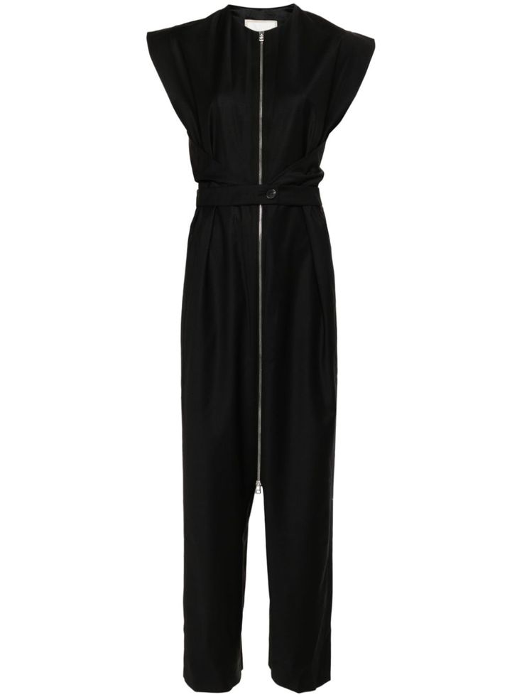 this is a black sleeveless jumpsuit with a zipper closure and wide legs. the jumpsuit is made from a smooth, elegant fabric and has a relaxed, comfortable fit. it would be perfect for a formal event or a night out.