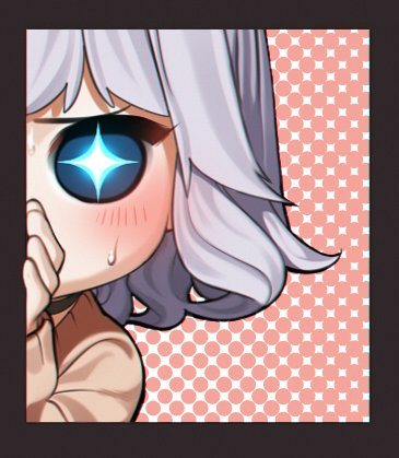 the image is a closeup illustration of a young, stylized girl, drawn in a manga or anime style. she has large, sparkling blue eyes with a prominent starburst reflection, suggesting awe or excitement. her cheeks are flushed, and she's biting her finger, conveying shyness or embarrassment. her silver hair is styled in a bob cut, and she's wearing a black choker. the background is a soft pink with a dotted pattern.