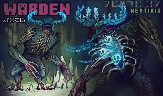the image showcases a digital painting of a creature called "warden" by the artist "neytirix." the creature is presented in two poses, both side views, showcasing its full design. it has a humanoid body structure with digitigrade legs, long arms, and a skeletal frame. its most striking feature is its head, resembling a skull adorned with large, glowing blue antlers. similar glowing blue markings appear on its chest and shoulders, resembling ribs and vertebrae. the color palette is dark and moody, emphasizing the creature's eerie nature. the background suggests a cave environment, further enhancing the mysterious and somewhat menacing aura of the "warden."