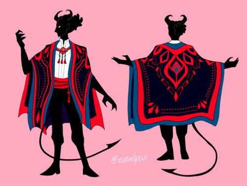 this illustration features a demon in a vibrant red and blue cloak. the demon is facing front on the left side of the image, and on the right is the same demon facing the back. the demon is a male with black horns, a black tail, and a black silhouette. the cape is red and blue, with intricate designs. it has a white shirt with a red bow and a black sash. the demon is standing on a pink background. the artist's signature is at the bottom, in front of the demon's feet. the style is similar to that of a graphic novel.