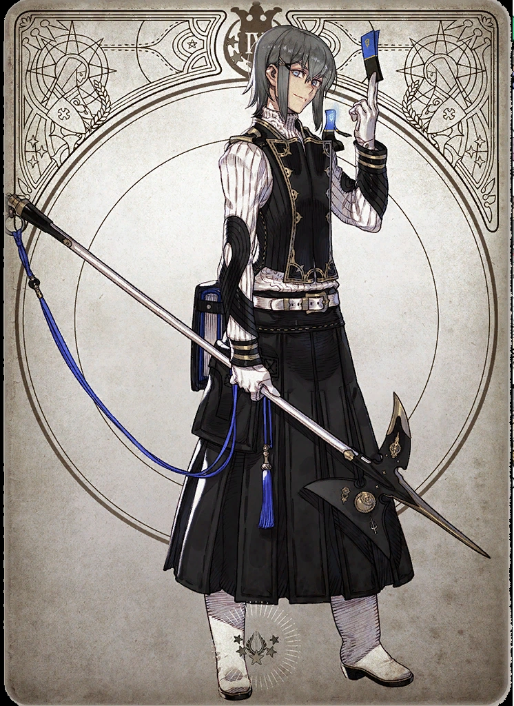 the image showcases a digital drawing of a male anime character set against an ornate, circular frame reminiscent of a playing card. he stands in a confident pose, holding a blue card in his left hand and a long spear in his right. his attire suggests a fantasy military uniform, complete with a flowing black kilt and a fitted jacket adorned with silver accents.  he has short, gray hair and purple eyes.