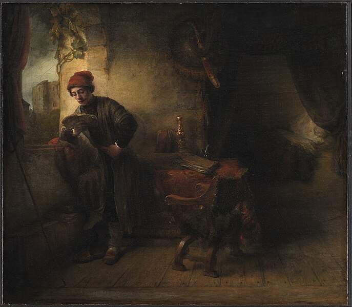 this is an old master painting, likely by rembrandt, depicting a person reading near a window in an interior setting. the individual, wearing a red hat, is holding a book or document and appears to be engrossed in reading. the scene is characterized by strong contrasts of light and shadow, with the window providing illumination. architectural elements, such as the window frame, are visible. a table with a book and other objects and a chair are present in the room. a heavy curtain is draped nearby. the overall style suggests a classical art piece, painted in a dark and moody atmosphere.