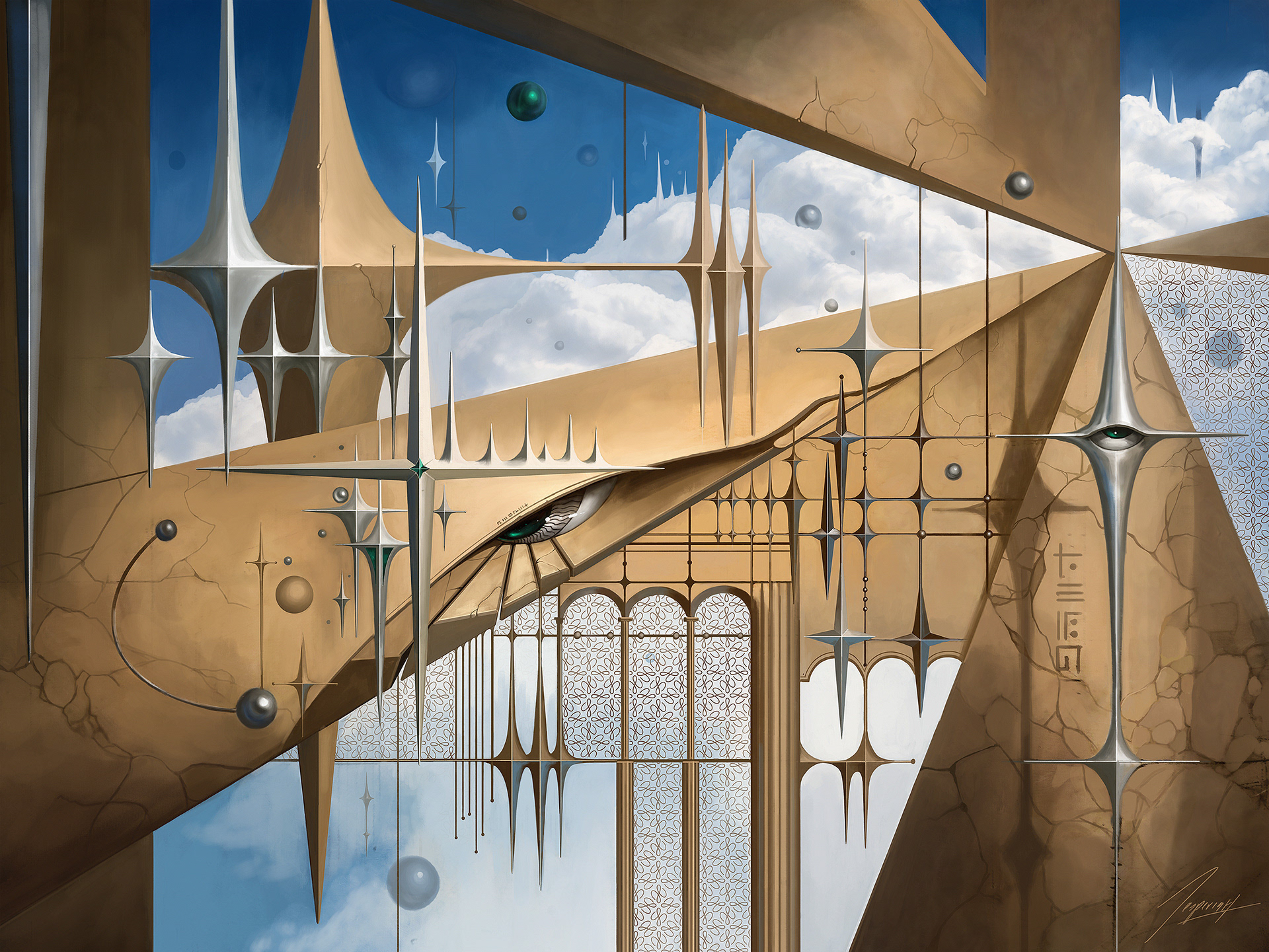 the image is an abstract piece of artwork that appears to depict a fantastical, celestial architecture. the piece features a complex interplay of geometric shapes, primarily angular and sharp structures in shades of beige and gold, suggesting a building or structure of immense scale. metallic, silvercolored elements resembling stylized stars or spikes are scattered throughout, adding to the otherworldly feel. a large eye is visible, partially obscured by the geometric forms, giving the piece a sense of watchful presence. the background depicts a sky with clouds, further enhancing the celestial theme. the overall effect is one of grandeur, mystery, and a blend of architectural precision and ethereal elements. the style is surreal and dreamlike.