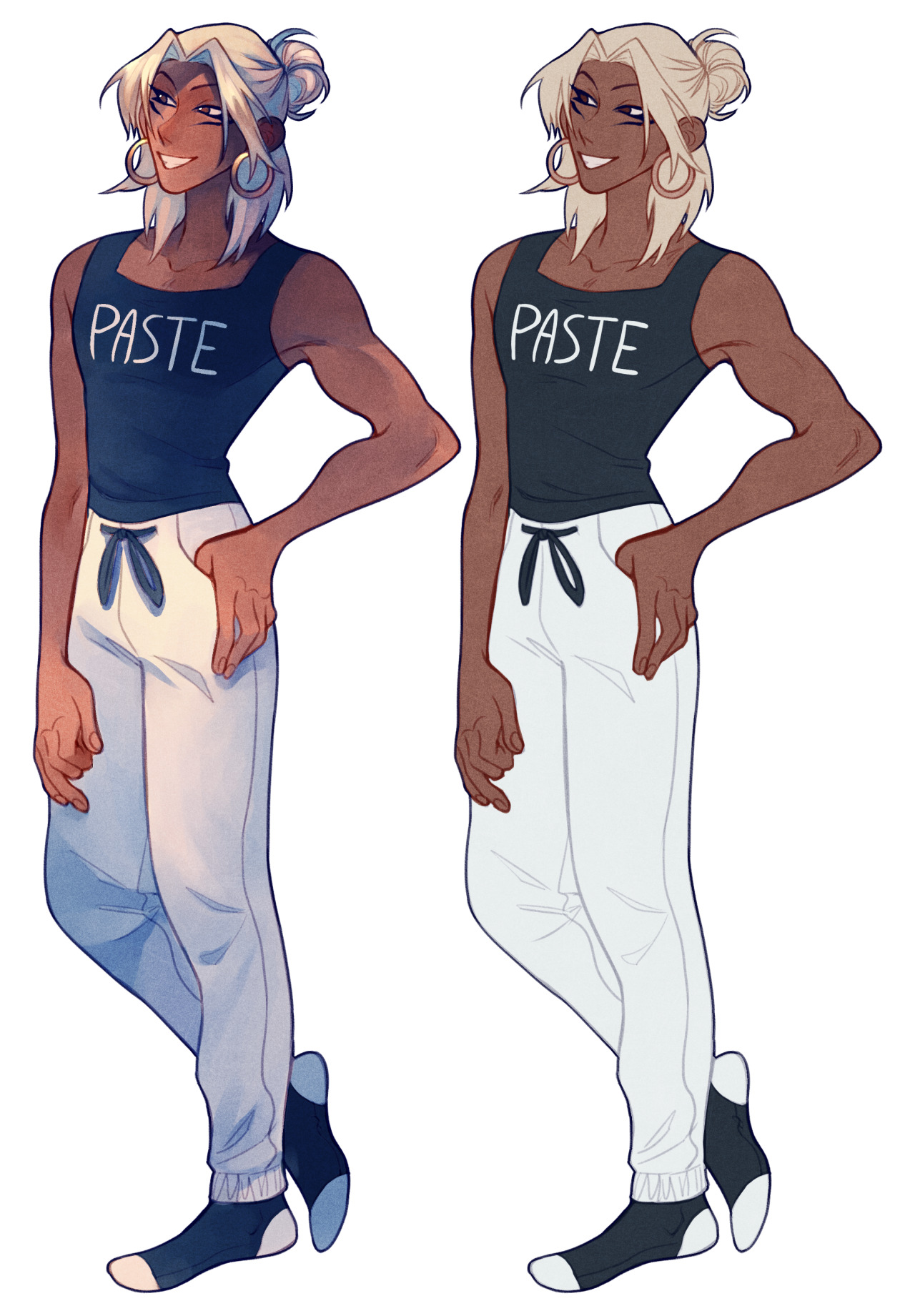 the image shows two versions of the same character design, a man with blonde hair pulled into a bun, brown skin, and a confident pose. he's wearing a black tank top that reads "paste" in white lettering, white sweatpants, and black socks and shoes. the only difference between the two versions is the color palette; the one on the left has a cooler, bluetoned palette, while the one on the right is warmer and more yellowtoned.