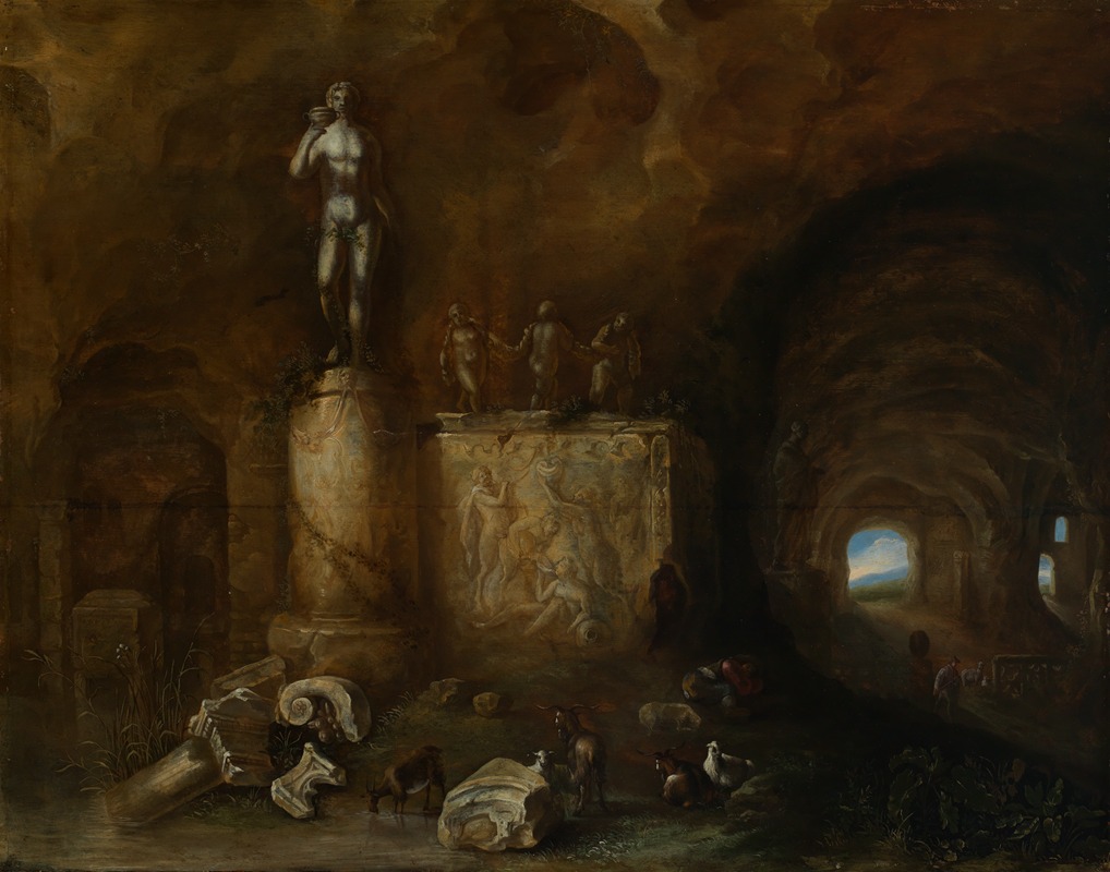 the painting depicts a pastoral scene within the ruins of an ancient cave. a statue of a nude figure stands atop a pillar on the left, holding a cup. adjacent to the statue is a stone structure with carvings of mythological figures. in front, there are scattered pieces of broken columns and stones. goats and sheep graze amongst the ruins. a dark cave entrance on the right reveals a distant landscape with light filtering through an archway. the painting utilizes dramatic light and shadow to create a sense of depth and mystery.
