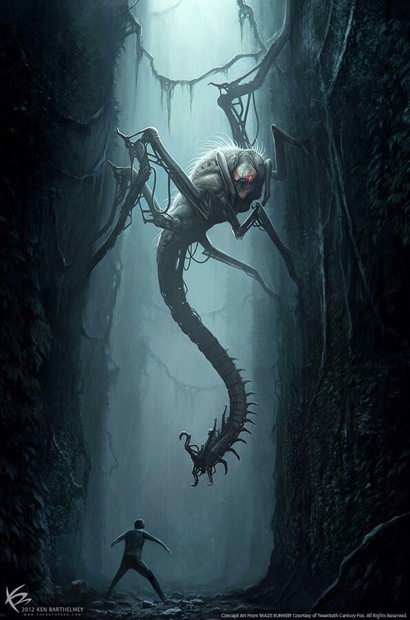 a dark and eerie illustration of a monstrous creature, resembling a spider with a long, segmented body, lurking in a shadowy forest or cave. a lone man stands in the foreground, facing the creature, seemingly in a moment of fear and uncertainty. the creature's long, spindly legs and menacing gaze create a sense of dread and anticipation. the dark and atmospheric setting adds to the ominous tone of the image, suggesting a sense of danger and the unknown.  this artwork might be a concept illustration for a science fiction or horror movie, showcasing a creature of extraordinary size and power. the creature's design, blending elements of spider and worm, creates a unique and unsettling visual that evokes a sense of primal fear. the contrast between the human figure and the monstrous creature highlights the vulnerability of humanity in the face of such a powerful force.