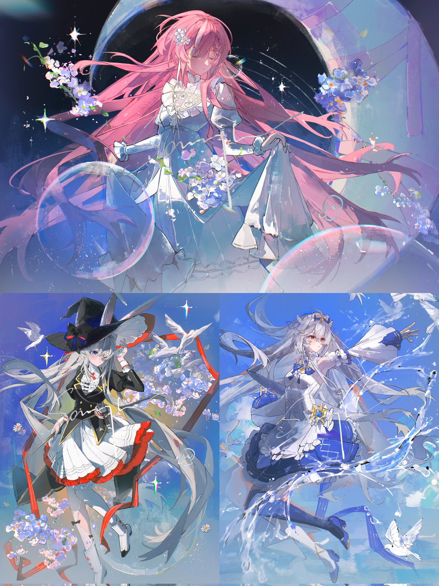 the image is a digital collage featuring four panels, each showcasing a different animestyle female character.  the art style is ethereal and whimsical, with flowing fabrics, soft color palettes, and magical elements like bubbles, birds, and flowers (that appear to be forgetmenots). each character possesses a unique design; one has long pink hair and a flowing light blue dress; another has long white hair and a witchlike outfit; and a third has long white hair and a blue and white dress. the final girl appears to have long white hair in a blue dress. the backgrounds in each panel blend together with ethereal lighting and cosmic elements such as stars and a crescent moon.  the overall atmosphere evokes a dreamlike and fantasy setting.