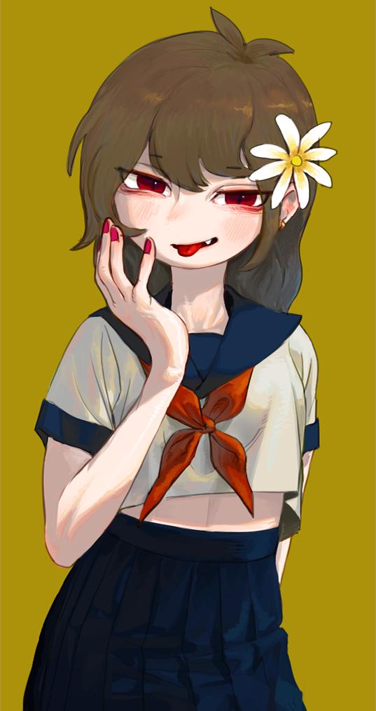 the image is of a young anime girl in a school uniform. she is wearing a white shirt with a red ribbon tied around her neck. she is also wearing a blue skirt. she has red eyes, red lips, and a white flower in her hair. she is smiling and has her hand on her cheek. the background is a yellow color. the overall tone of the image is light and playful. the image has a sense of youth and innocence.