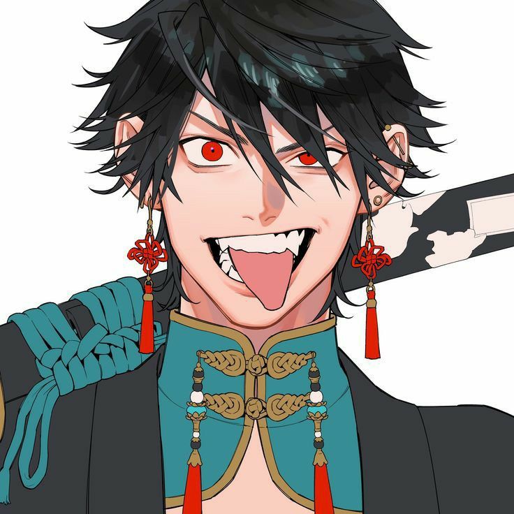 a closeup portrait of an anime boy with black hair and red eyes. he's smiling with his tongue sticking out and fangs showing. he's wearing a traditional chinese shirt with a collar, and he has a red earring with a tassel. he's also holding a katana behind his shoulder.