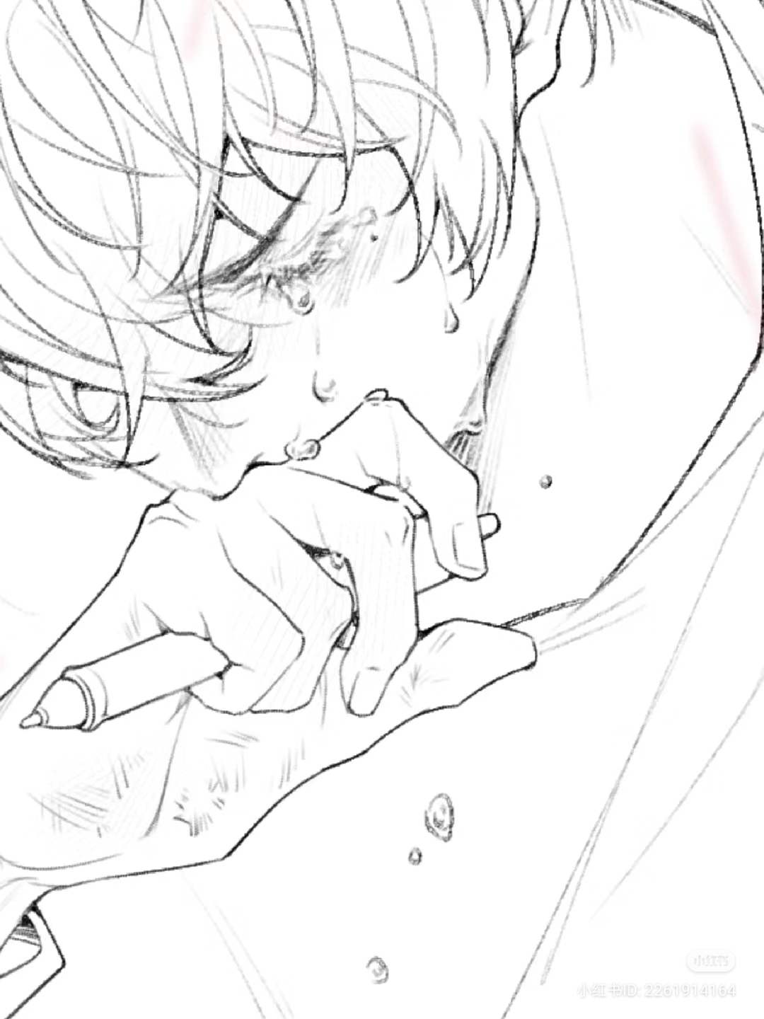a black and white sketch of a person with their face partially obscured, seemingly crying with their hand covering their mouth and tears streaming down their face. they are holding a pen or marker, suggesting they may be drawing or writing. the style of the artwork is reminiscent of anime or manga.