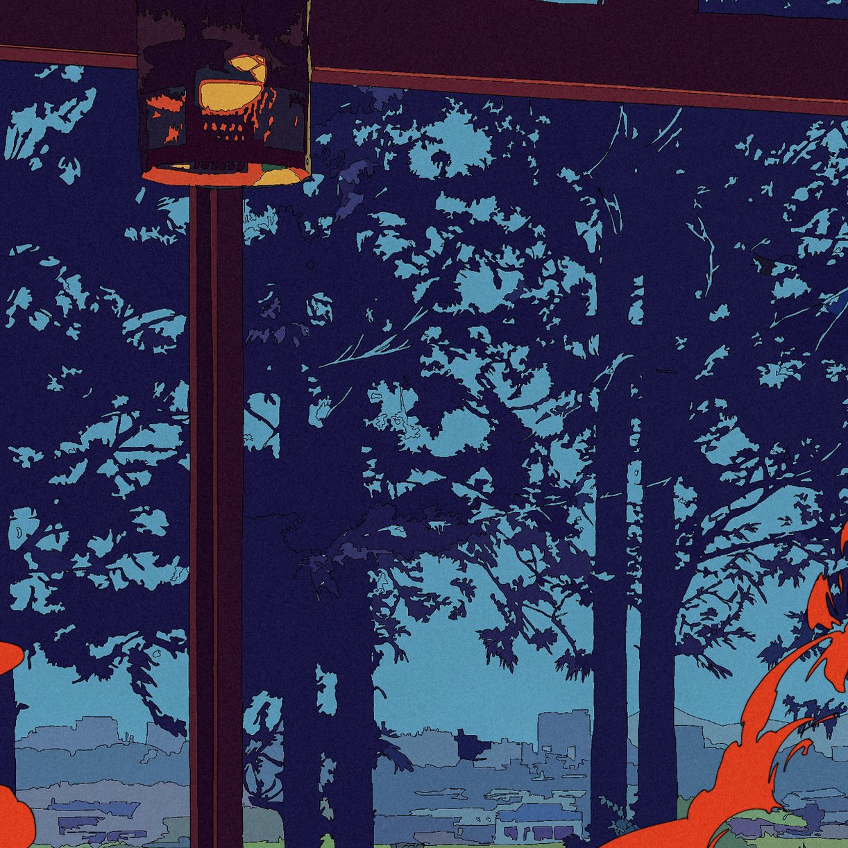 the image is a stylized illustration featuring a window view of a cityscape at dusk, framed by dark silhouettes of trees. the trees occupy most of the view, their dark branches stark against a tealblue sky. a portion of an orange/red abstract shape appears in the lower right corner, suggesting a design element or perhaps an artistic effect rather than a realistic object.  inside the space, a simple geometric lampshade is partially visible, hanging from the ceiling. the overall style is minimalist and graphic, with flat colors and clean lines creating a visually striking contrast between the urban elements in the background and the dark silhouetted trees in the foreground.