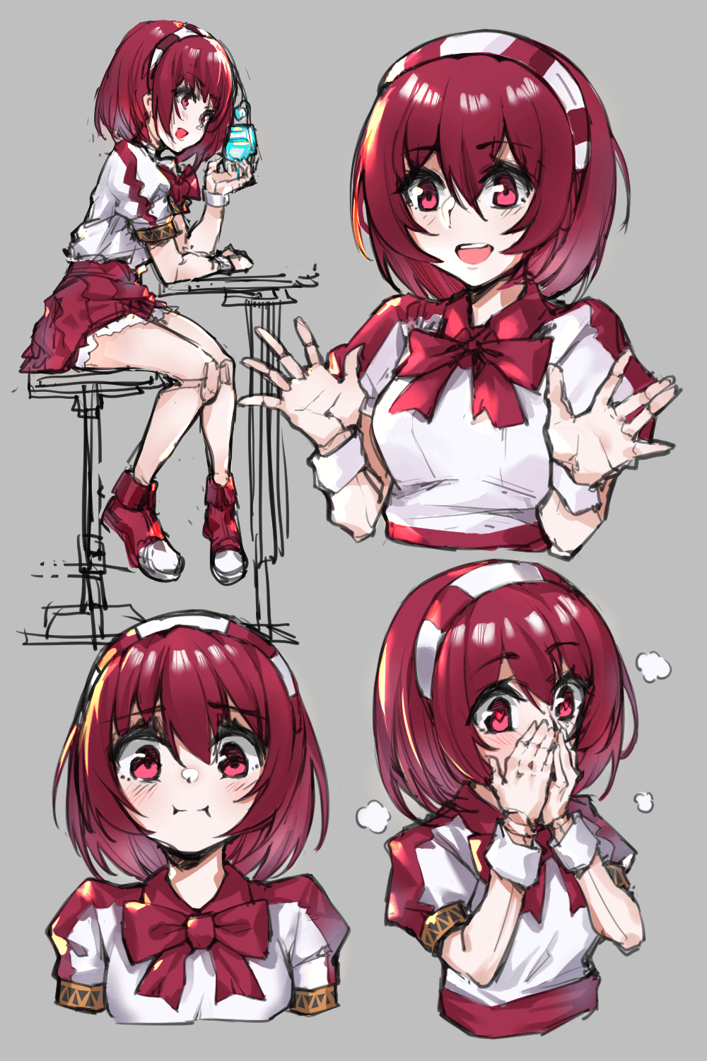 the image shows four drawings of an anime girl with red hair and red eyes. in the top left, she is sitting on a high stool, holding a blue vial. in the top right, she is standing with her hands outstretched and a happy expression. in the bottom left, she is looking at the viewer with a slightly mischievous expression. in the bottom right, she is covering her mouth with her hands in surprise. she is wearing a white shirt, a red skirt, and red shoes.
