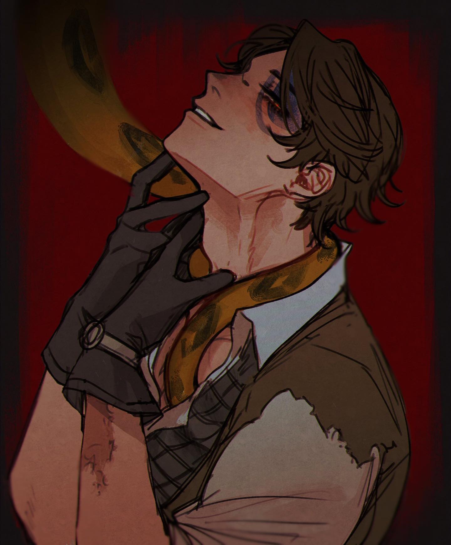 the image is a stylized digital fanart portrait of a young, handsome man. he appears somewhat mysterious and seductive. he has brown hair, and his face is partially obscured by a large yellow boa constrictor wrapped around his neck. he's wearing a vintagestyle outfit, possibly a waistcoat or jacket, and black gloves. the man has noticeable scars or markings on his arms and a hint of bruising or injury around his eye. his expression is intense and alluring, and he appears to be enjoying the snake's presence. the background is a deep, rich red color, which adds to the dramatic atmosphere of the piece.  the art style is reminiscent of manga or anime, with a focus on expressive lines and shading.