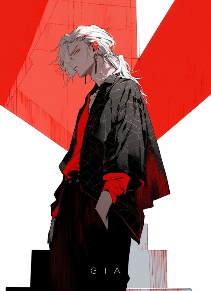 the image is a digital illustration of an anime male character. he has white hair, black jacket, and a red shirt. he's standing against a red background with a determined expression on his face. he is looking down, and his hair is covering his eyes. the image has a very edgy and stylish look. the overall tone of the image is cool and urban.