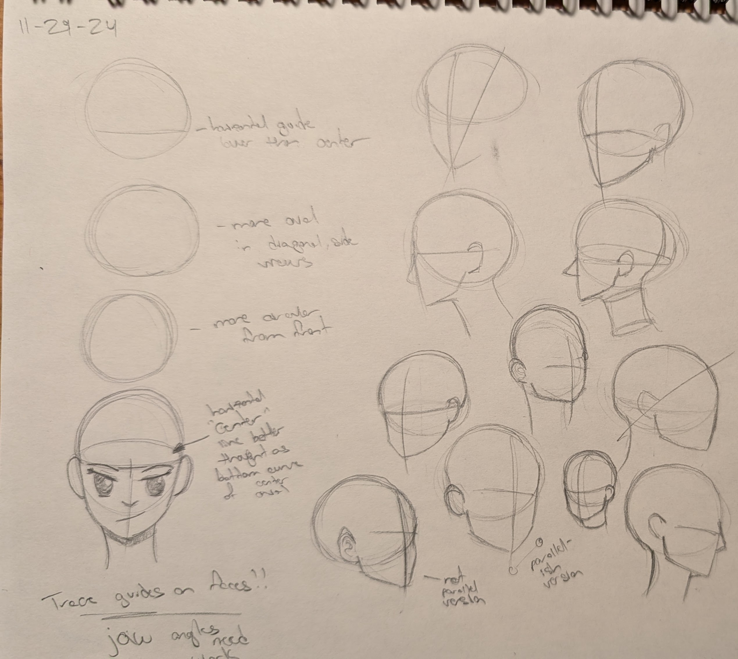 the image shows a sketchbook page filled with various pencil sketches of heads in different angles and perspectives.  the sketches progress from simple geometric shapes (circles and ovals) to more detailed head structures, demonstrating the process of constructing a head from basic shapes. there are notes and guidelines written alongside the drawings, providing instructions and observations on head proportions, placement of features, and the use of construction lines. the style leans towards anime/manga, evident in the features of some more complete head sketches. the page suggests an ongoing practice session, with the artist experimenting with different viewpoints and techniques.