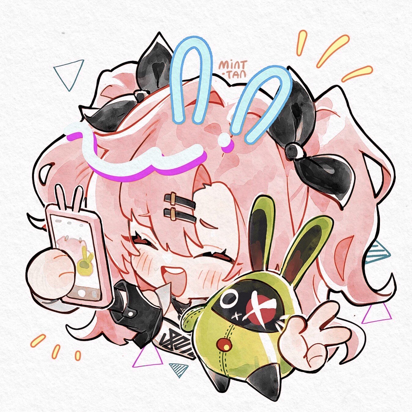 the image is a cute and colorful anime illustration of a girl with pink hair. she is smiling and holding a phone in her left hand. she has bunny ears drawn over her head and is wearing a black jacket. there is a green bunny plushie in her right hand. the image is done in a watercolor style with a white background.